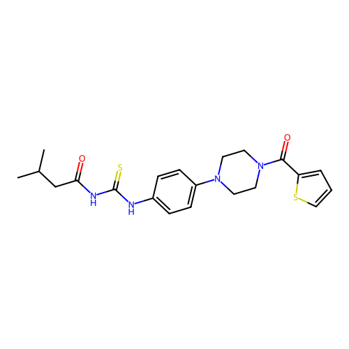 1-(3-Methyl-butyryl)-3-{4-[4-(thiophene-2-carbonyl)-piperazin-1-yl]-phenyl}-thiourea structure