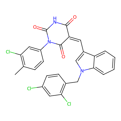 (5Z)-1-(3-chloro-4-methylphenyl)-5-[[1-[(2,4-dichlorophenyl)methyl]indol-3-yl]methylidene]-1,3-diazinane-2,4,6-trione structure