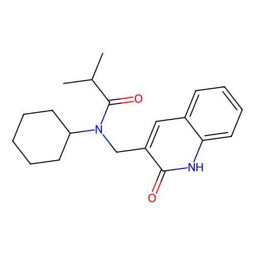 N-cyclohexyl-2-methyl-N-[(2-oxo-1H-quinolin-3-yl)methyl]propanamide structure