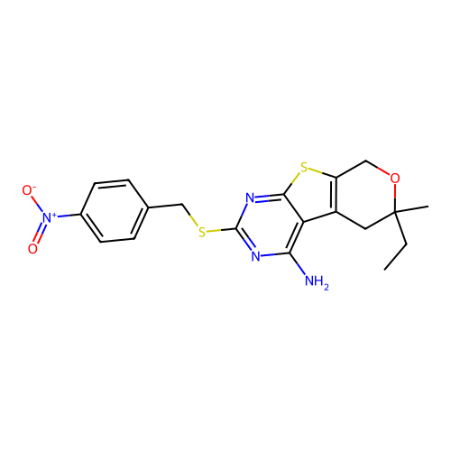 6-ethyl-6-methyl-2-((4-nitrobenzyl)thio)-6,8-dihydro-5H-pyrano[4',3':4,5]thieno[2,3-d]pyrimidin-4-amine structure