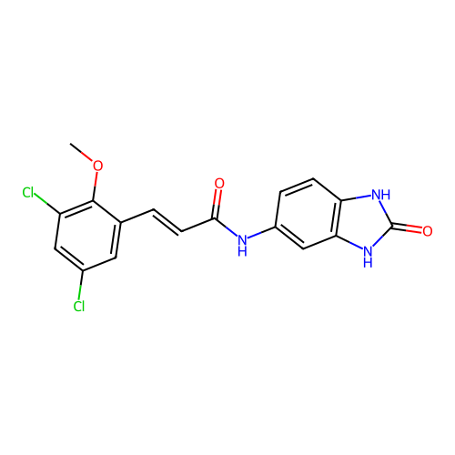 (2E)-3-(3,5-dichloro-2-methoxyphenyl)-N-(2-oxo-2,3-dihydro-1H-benzimidazol-5-yl)prop-2-enamide structure