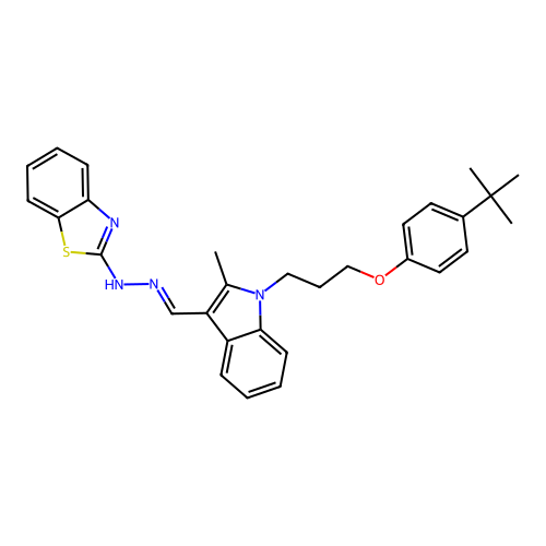 (2Z)-2-[(2E)-({1-[3-(4-tert-butylphenoxy)propyl]-2-methyl-1H-indol-3-yl}methylidene)hydrazinylidene]-2,3-dihydro-1,3-benzothiazole structure