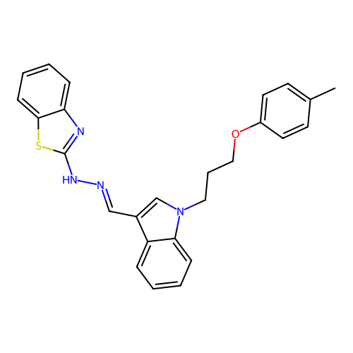 (E)-2-(2-((1-(3-(p-tolyloxy)propyl)-1H-indol-3-yl)methylene)hydrazinyl)benzo[d]thiazole structure