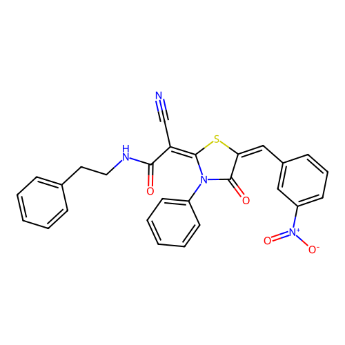 (E)-2-cyano-2-((E)-5-(3-nitrobenzylidene)-4-oxo-3-phenylthiazolidin-2-ylidene)-N-phenethylacetamide structure