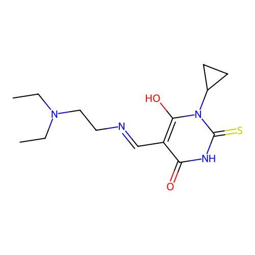 1-cyclopropyl-5-[(2-diethylaminoethylamino)methylidene]-2-sulfanylidene-1,3-diazinane-4,6-dione structure