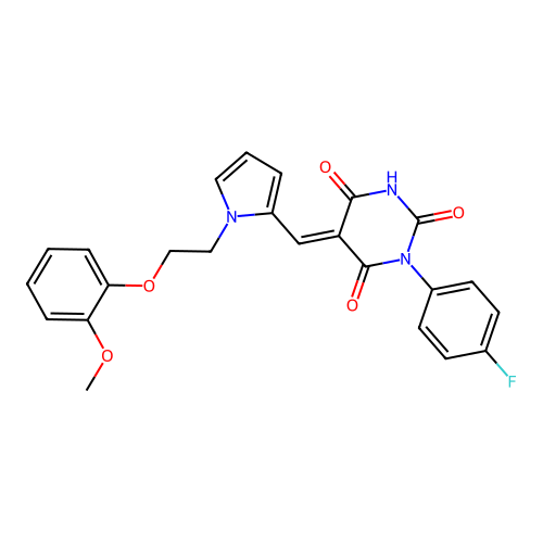 (5E)-1-(4-fluorophenyl)-5-({1-[2-(2-methoxyphenoxy)ethyl]-1H-pyrrol-2-yl}methylidene)pyrimidine-2,4,6(1H,3H,5H)-trione structure