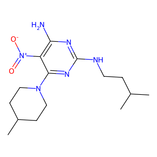 [4-Amino-6-(4-methylpiperidyl)-5-nitropyrimidin-2-yl](3-methylbutyl)amine structure