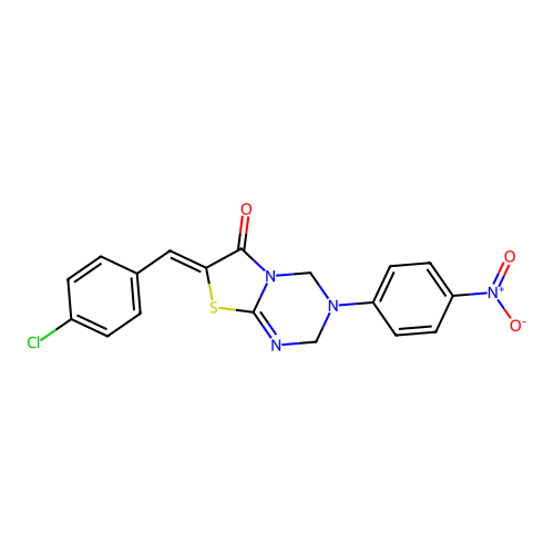(7Z)-7-(4-chlorobenzylidene)-3-(4-nitrophenyl)-3,4-dihydro-2H-[1,3]thiazolo[3,2-a][1,3,5]triazin-6(7H)-one structure