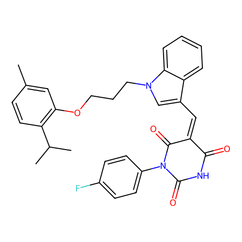 (5Z)-1-(4-fluorophenyl)-5-[[1-[3-(5-methyl-2-propan-2-ylphenoxy)propyl]indol-3-yl]methylidene]-1,3-diazinane-2,4,6-trione structure