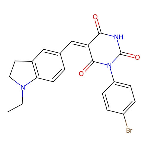 (Z)-1-(4-bromophenyl)-5-((1-ethylindolin-5-yl)methylene)pyrimidine-2,4,6(1H,3H,5H)-trione structure