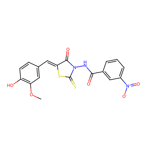 (Z)-N-(5-(4-hydroxy-3-methoxybenzylidene)-4-oxo-2-thioxothiazolidin-3-yl)-3-nitrobenzamide structure
