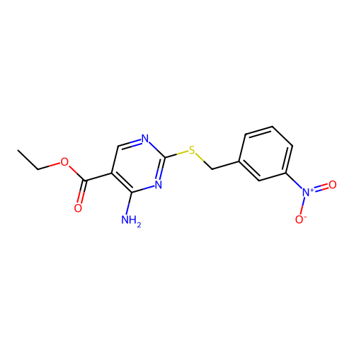 Ethyl 4-amino-2-[(3-nitrobenzyl)sulfanyl]pyrimidine-5-carboxylate structure