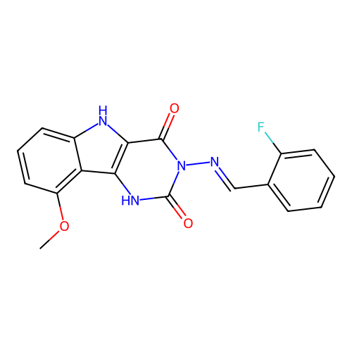 (E)-3-((2-fluorobenzylidene)amino)-9-methoxy-1H-pyrimido[5,4-b]indole-2,4(3H,5H)-dione structure
