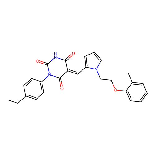 (5E)-1-(4-ethylphenyl)-5-[[1-[2-(2-methylphenoxy)ethyl]pyrrol-2-yl]methylidene]-1,3-diazinane-2,4,6-trione structure