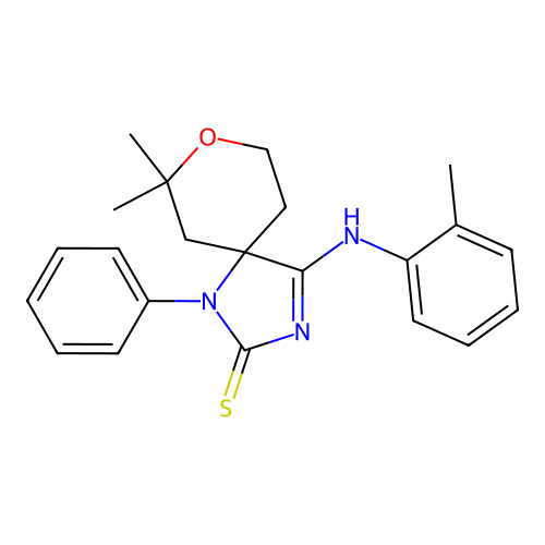 (Z)-7,7-dimethyl-1-phenyl-4-(o-tolylimino)-8-oxa-1,3-diazaspiro[4.5]decane-2-thione structure