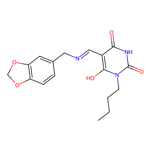 (5E)-5-[(1,3-benzodioxol-5-ylmethylamino)methylidene]-1-butyl-1,3-diazinane-2,4,6-trione structure