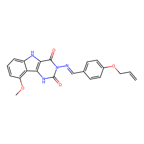 (E)-3-((4-(allyloxy)benzylidene)amino)-9-methoxy-1H-pyrimido[5,4-b]indole-2,4(3H,5H)-dione structure