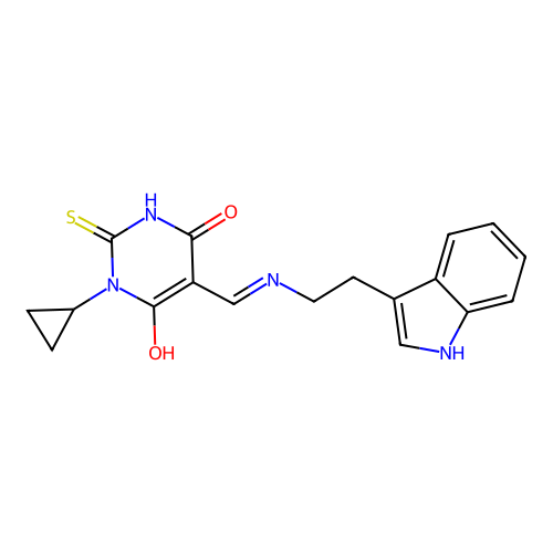 1-cyclopropyl-5-[[2-(1H-indol-3-yl)ethylamino]methylidene]-2-sulfanylidene-1,3-diazinane-4,6-dione structure