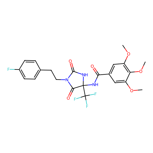 N-(1-(4-fluorophenethyl)-2,5-dioxo-4-(trifluoromethyl)imidazolidin-4-yl)-3,4,5-trimethoxybenzamide structure
