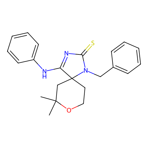 (4Z)-1-benzyl-7,7-dimethyl-4-(phenylimino)-8-oxa-1,3-diazaspiro[4.5]dec-2-ene-2-thiol structure