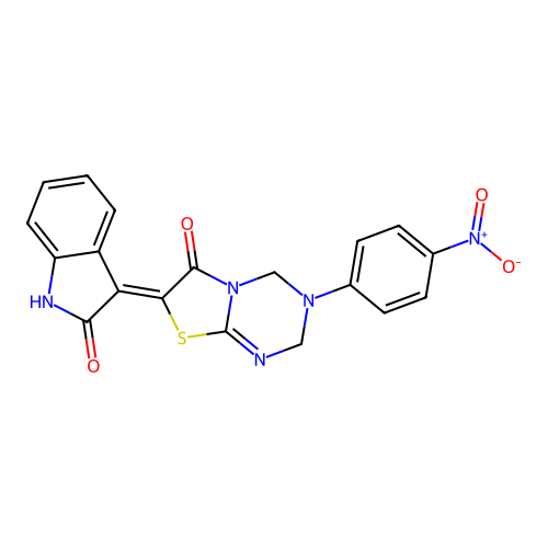(7Z)-3-(4-nitrophenyl)-7-(2-oxo-1,2-dihydro-3H-indol-3-ylidene)-3,4-dihydro-2H-[1,3]thiazolo[3,2-a][1,3,5]triazin-6(7H)-one structure
