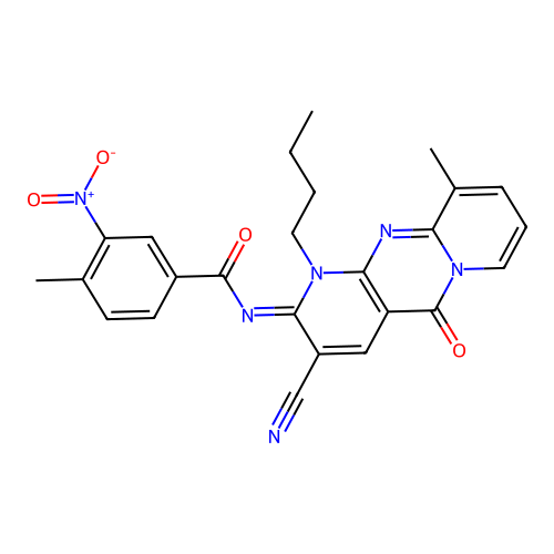 (E)-N-(1-butyl-3-cyano-10-methyl-5-oxo-1H-dipyrido[1,2-a:2',3'-d]pyrimidin-2(5H)-ylidene)-4-methyl-3-nitrobenzamide structure