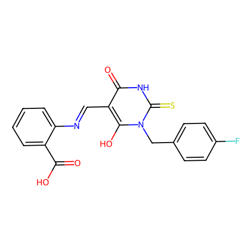 (E)-2-(((1-(4-fluorobenzyl)-4,6-dioxo-2-thioxotetrahydropyrimidin-5(2H)-ylidene)methyl)amino)benzoic acid structure