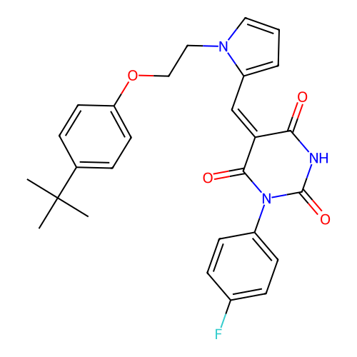 (E)-5-((1-(2-(4-(tert-butyl)phenoxy)ethyl)-1H-pyrrol-2-yl)methylene)-1-(4-fluorophenyl)pyrimidine-2,4,6(1H,3H,5H)-trione structure