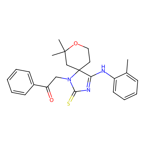 (Z)-2-(7,7-dimethyl-2-thioxo-4-(o-tolylimino)-8-oxa-1,3-diazaspiro[4.5]decan-1-yl)-1-phenylethanone structure