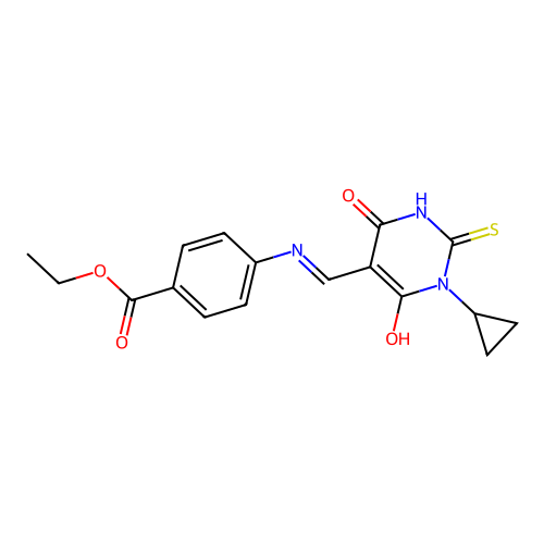 (E)-ethyl 4-(((1-cyclopropyl-4,6-dioxo-2-thioxotetrahydropyrimidin-5(2H)-ylidene)methyl)amino)benzoate structure