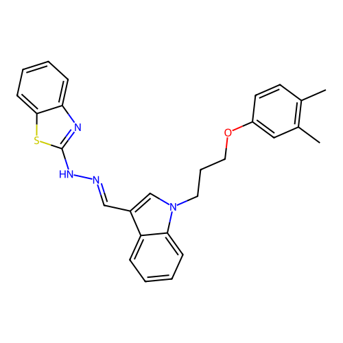 N-[[1-[3-(3,4-dimethylphenoxy)propyl]indol-3-yl]methylideneamino]benzothiazol-2-amine structure