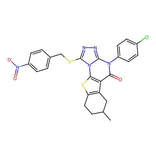 4-(4-chlorophenyl)-7-methyl-1-((4-nitrobenzyl)thio)-6,7,8,9-tetrahydrobenzo[4,5]thieno[3,2-e][1,2,4]triazolo[4,3-a]pyrimidin-5(4H)-one structure