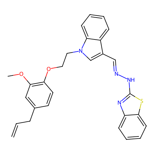 (2E)-2-{(2E)-[(1-{2-[2-methoxy-4-(prop-2-en-1-yl)phenoxy]ethyl}-1H-indol-3-yl)methylidene]hydrazinylidene}-2,3-dihydro-1,3-benzothiazole structure