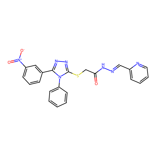 (E)-2-((5-(3-nitrophenyl)-4-phenyl-4H-1,2,4-triazol-3-yl)thio)-N'-(pyridin-2-ylmethylene)acetohydrazide structure