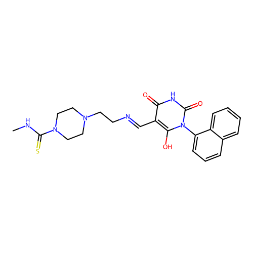 (E)-N-methyl-4-(2-(((1-(naphthalen-1-yl)-2,4,6-trioxotetrahydropyrimidin-5(2H)-ylidene)methyl)amino)ethyl)piperazine-1-carbothioamide structure