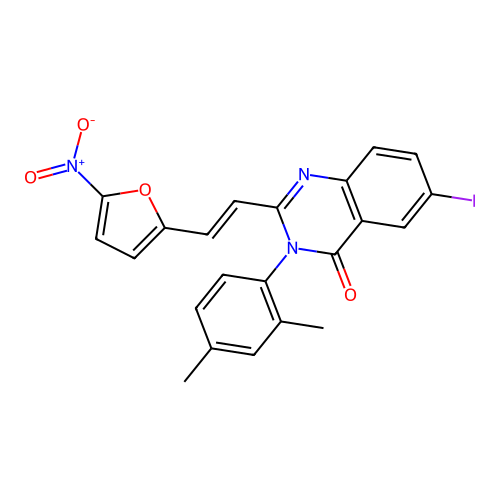 (E)-3-(2,4-dimethylphenyl)-6-iodo-2-(2-(5-nitrofuran-2-yl)vinyl)quinazolin-4(3H)-one structure