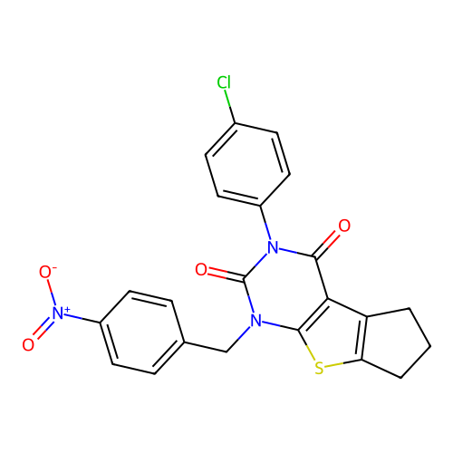 3-(4-chlorophenyl)-1-(4-nitrobenzyl)-1,5,6,7-tetrahydro-2H-cyclopenta[4,5]thieno[2,3-d]pyrimidine-2,4(3H)-dione structure