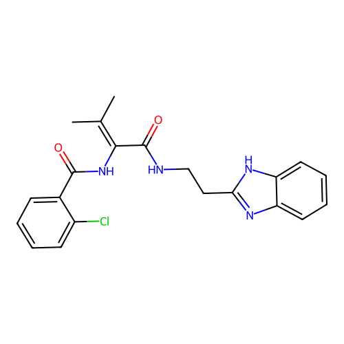 N-[1-[2-(1H-benzimidazol-2-yl)ethylamino]-3-methyl-1-oxobut-2-en-2-yl]-2-chlorobenzamide structure