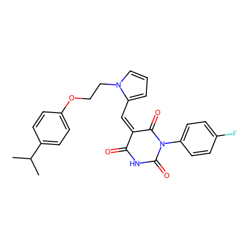 (5Z)-1-(4-fluorophenyl)-5-[[1-[2-(4-propan-2-ylphenoxy)ethyl]pyrrol-2-yl]methylidene]-1,3-diazinane-2,4,6-trione structure