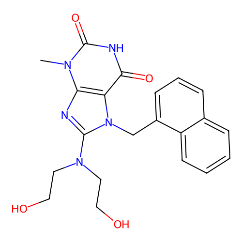 8-(bis(2-hydroxyethyl)amino)-3-methyl-7-(naphthalen-1-ylmethyl)-1H-purine-2,6(3H,7H)-dione structure