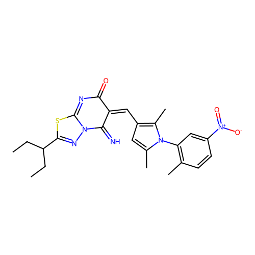 (E)-6-((2,5-dimethyl-1-(2-methyl-5-nitrophenyl)-1H-pyrrol-3-yl)methylene)-5-imino-2-(pentan-3-yl)-5H-[1,3,4]thiadiazolo[3,2-a]pyrimidin-7(6H)-one structure