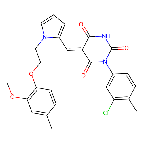 (E)-1-(3-chloro-4-methylphenyl)-5-((1-(2-(2-methoxy-4-methylphenoxy)ethyl)-1H-pyrrol-2-yl)methylene)pyrimidine-2,4,6(1H,3H,5H)-trione structure