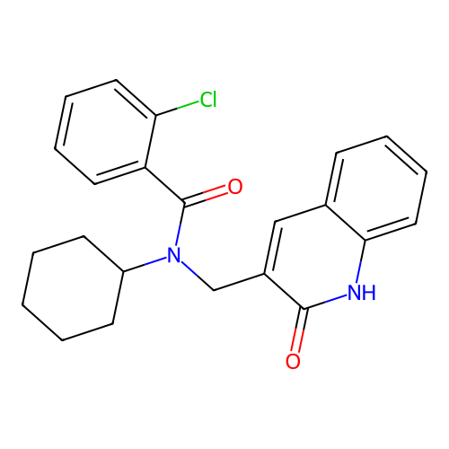 2-chloro-N-cyclohexyl-N-[(2-oxo-1H-quinolin-3-yl)methyl]benzamide structure