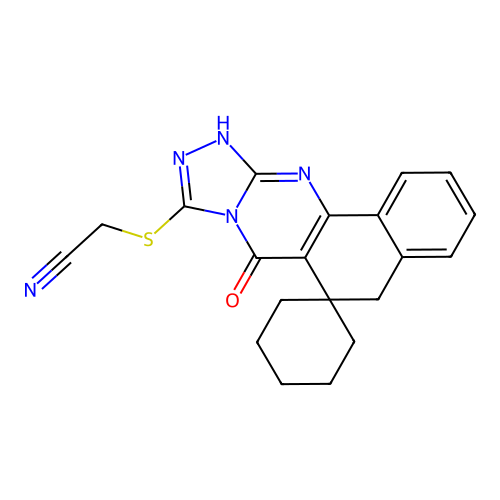 2-((7-oxo-7,12-dihydro-5H-spiro[benzo[h][1,2,4]triazolo[3,4-b]quinazoline-6,1'-cyclohexan]-9-yl)thio)acetonitrile structure