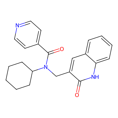 N-cyclohexyl-N-[(2-oxo-1H-quinolin-3-yl)methyl]pyridine-4-carboxamide structure