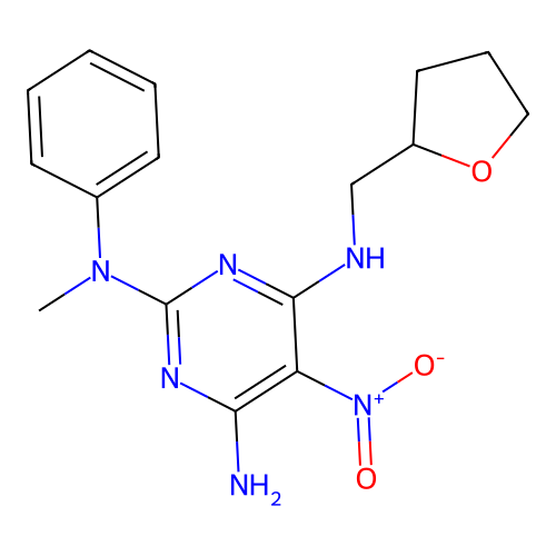 2-N-methyl-5-nitro-4-N-(oxolan-2-ylmethyl)-2-N-phenylpyrimidine-2,4,6-triamine structure