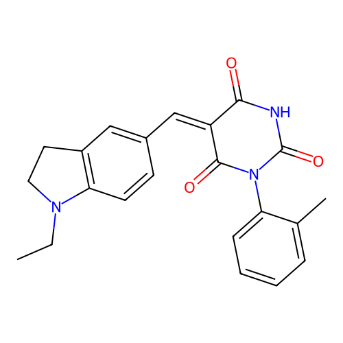 (Z)-5-((1-ethylindolin-5-yl)methylene)-1-(o-tolyl)pyrimidine-2,4,6(1H,3H,5H)-trione structure