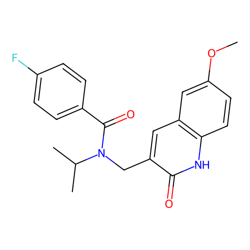 4-fluoro-N-[(6-methoxy-2-oxo-1H-quinolin-3-yl)methyl]-N-propan-2-ylbenzamide structure