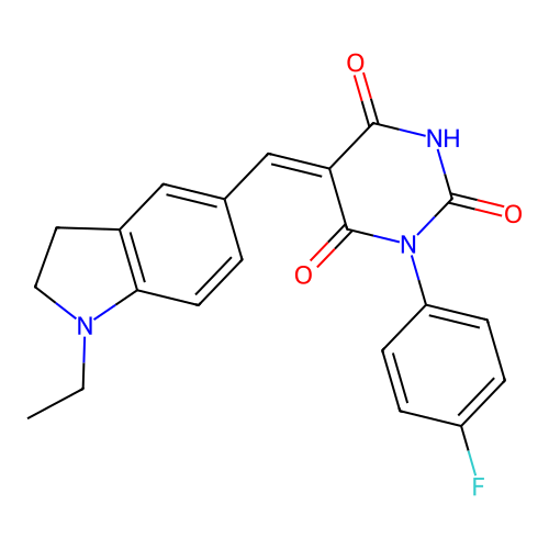 (Z)-5-((1-ethylindolin-5-yl)methylene)-1-(4-fluorophenyl)pyrimidine-2,4,6(1H,3H,5H)-trione structure