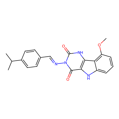 (E)-3-((4-isopropylbenzylidene)amino)-9-methoxy-1H-pyrimido[5,4-b]indole-2,4(3H,5H)-dione structure